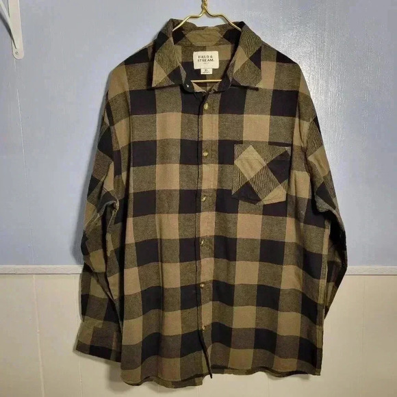 Field & Stream Black Olive Brown Classic Button Up Long Sleeve Lightweight Plaid - Picture 1 of 9